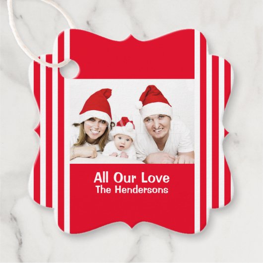 Familie kerst foto vakantie wensen scallop bedankjes labels (Voorkant)