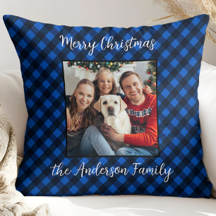Familie Kerst Gepersonaliseerde Foto Blauw Plaid Kussen