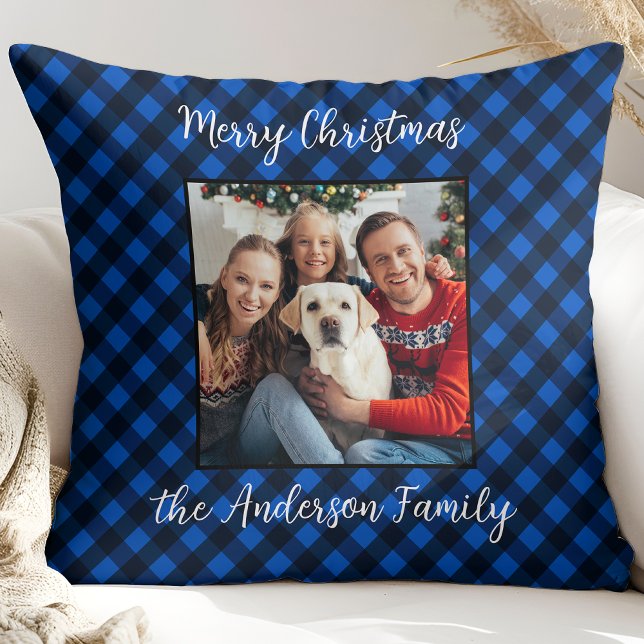 Familie Kerst Gepersonaliseerde Foto Blauw Plaid Kussen (Creator heeft geüpload)