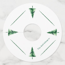 Familie Kerst Groene Waterverf Pine Tree Wijnglaslabel