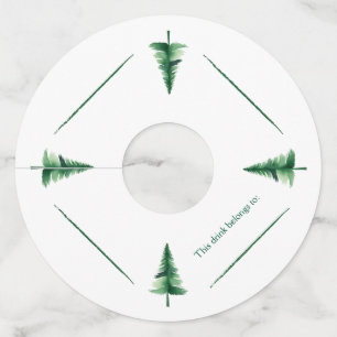 Familie Kerst Groene Waterverf Pine Tree Wijnglaslabel