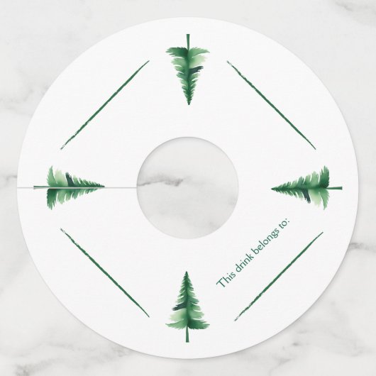 Familie Kerst Groene Waterverf Pine Tree Wijnglaslabel (Voorkant)
