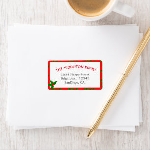 Familie Kerst Holly Fun Red Border Etiket