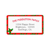 Familie Kerst Holly Fun Red Border Etiket (Voorkant)