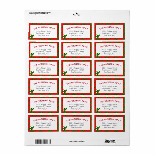 Familie Kerst Holly Fun Red Border Etiket (Full Sheet)