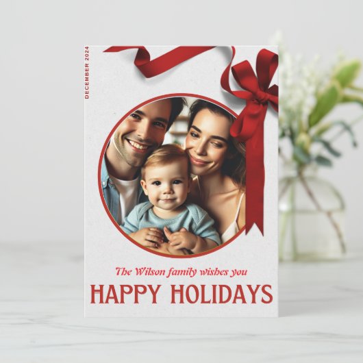 Familie Kerst Kaart met Red Ribbon Joy (Staand voorkant)