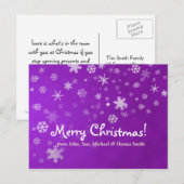 Familie kerst sneeuwvlokken paarse feestdagenkaart (Voorkant / Achterkant)