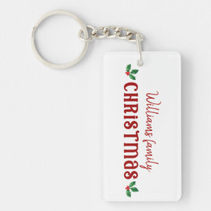 Familie Kerst wit en rood hulst Sleutelhanger