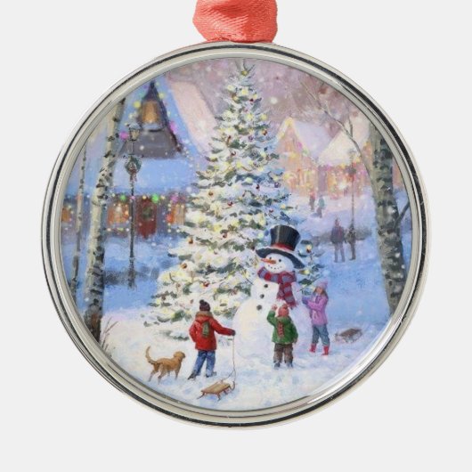 Familie Kerstboom Sneeuwman Kinder Metalen Ornament (Voorkant)
