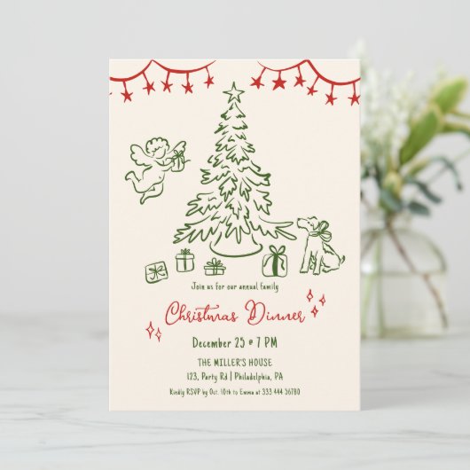 Familie Kerstdiner Hand getekend fancy retro Aankondiging (Staand voorkant)