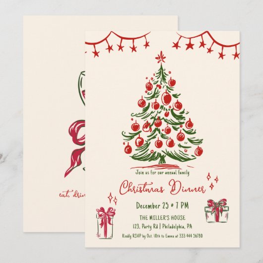 Familie Kerstdiner Hand getrokken pijnboom Aankondiging (Voorkant / Achterkant)