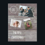 Familie kerstfeestjes Donkere houten foto Monogram Briefkaart<br><div class="desc">Stuur een prettig kerstfeest en een collectie van je foto's met dit schattige briefkaart voor kerstwooden.</div>