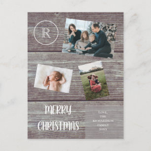 Familie kerstfeestjes Donkere houten foto Monogram Briefkaart