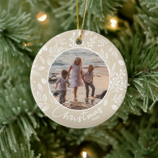 Familie kerstfoto van ivoren keramische siervoorwe keramisch ornament (Boom)