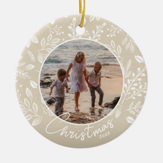 Familie kerstfoto van ivoren keramische siervoorwe keramisch ornament (Voorkant)