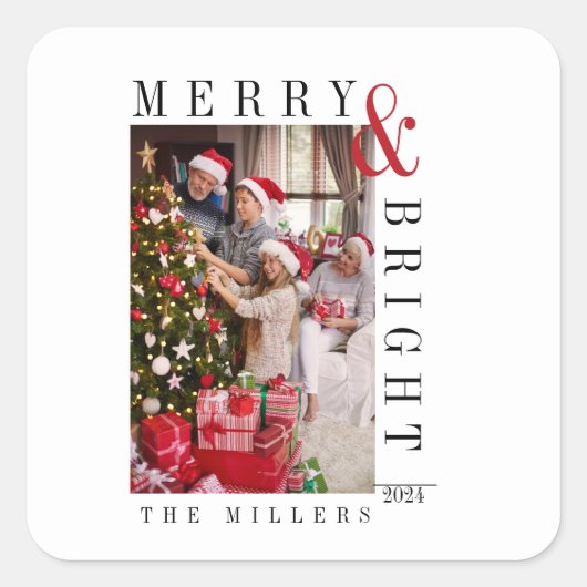 Familie Kerstkaart Moderne Script Vakantie Vierkante Sticker (Voorkant)