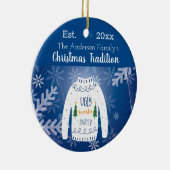 Familie kerstlelijke zweten blauw wit monogram keramisch ornament (Rechts)