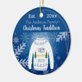 Familie kerstlelijke zweten blauw wit monogram keramisch ornament (Links)