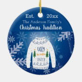 Familie kerstlelijke zweten blauw wit monogram keramisch ornament (Achterkant)