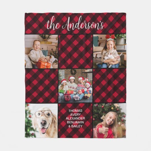 Familie Kerstmis 5 Fotocollage Custom Rood Plaid Fleece Deken (Voorkant)
