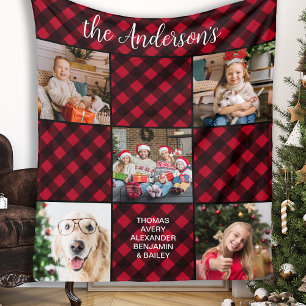 Familie Kerstmis 5 Fotocollage Custom Rood Plaid Fleece Deken