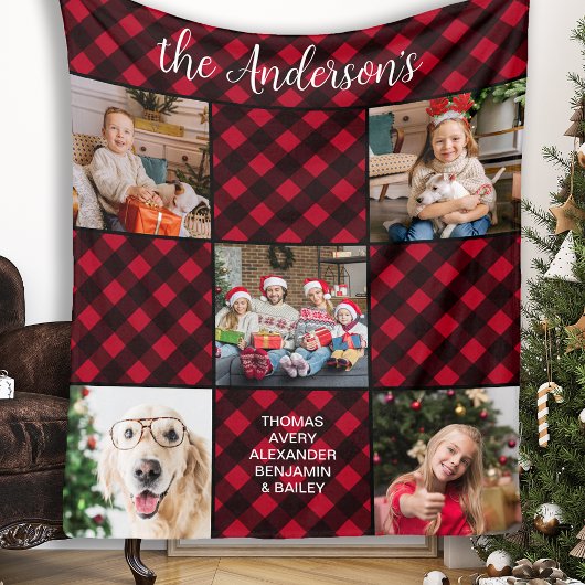 Familie Kerstmis 5 Fotocollage Custom Rood Plaid Fleece Deken