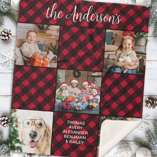 Familie Kerstmis 5 Fotocollage Custom Rood Plaid Sherpa Deken