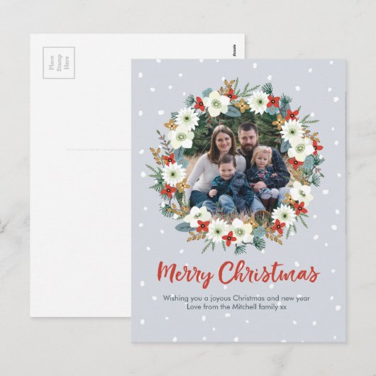 Familie Kerstmis bloemenkrans kaart briefkaart (Voorkant / Achterkant)