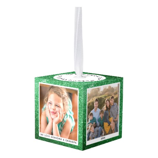  Familie Kerstmis Foto Groene Glitter Decoratie (Achter hoekig)