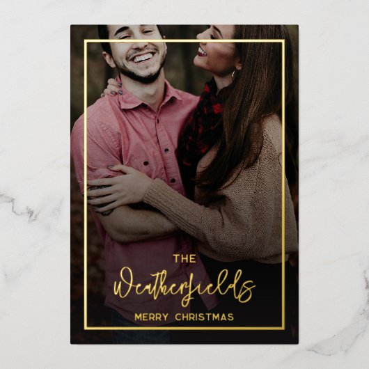 Familie Kerstmis foto's Script Goud Folie Feestdagenkaart (Voorkant)