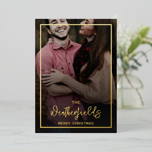 Familie Kerstmis foto's Script Goud Folie Feestdagenkaart (Staand Voorkant)