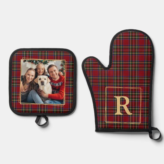 Familie Kerstmis Geplaagd Goud Gepersonaliseerde F Ovenwant & Pannenlap Set (Voorkant)