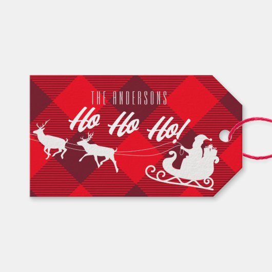 Familie Kerstmis Ho Ho. Santa Red Buffalo Play Cadeaulabel (Voorkant (Horizontaal))
