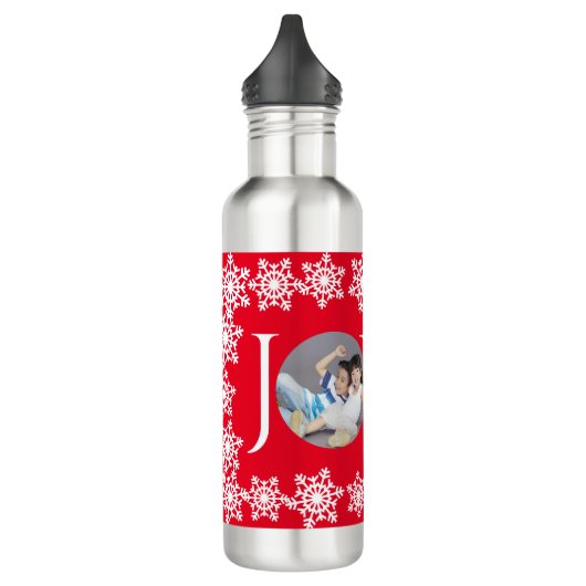 Familie Kerstmis "JOY" Rood Wit Sneeuwvlok H Foto Waterfles (Links)