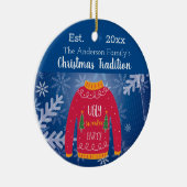 Familie Kerstmis lelijk trui rood blauw monogram Keramisch Ornament (Rechts)