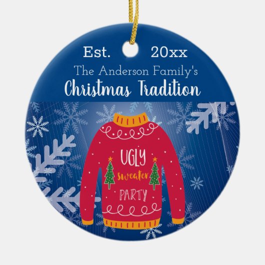 Familie Kerstmis lelijk trui rood blauw monogram Keramisch Ornament (Voorkant)