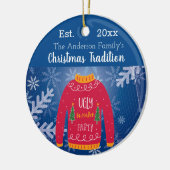 Familie Kerstmis lelijk trui rood blauw monogram Keramisch Ornament (Links)