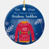 Familie Kerstmis lelijk trui rood blauw monogram Keramisch Ornament (Achterkant)