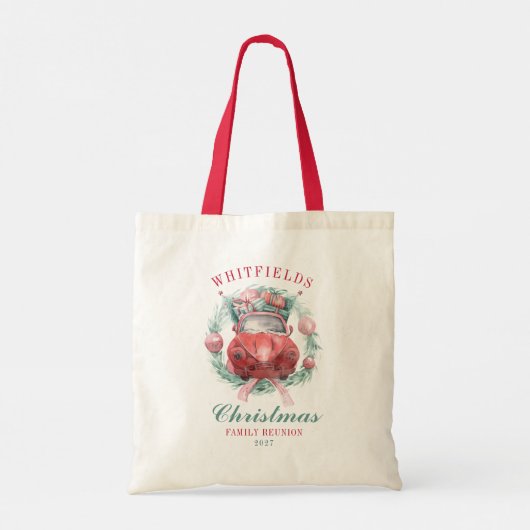 Familie kerstmis met rode auto die op vakantie is tote bag (Achterkant)