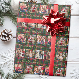 Familie Kerstmis Plaid Goud Custom 6 Fotocollage Cadeaupapier