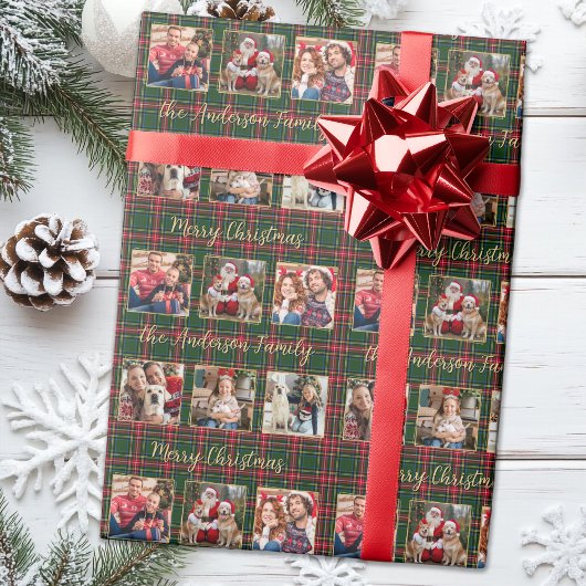 Familie Kerstmis Plaid Goud Custom 6 Fotocollage Cadeaupapier