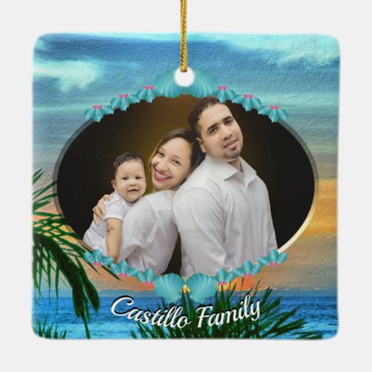 Familie Kerstmis Puerto Sunset 1557 Keramisch Ornament (Achterkant)