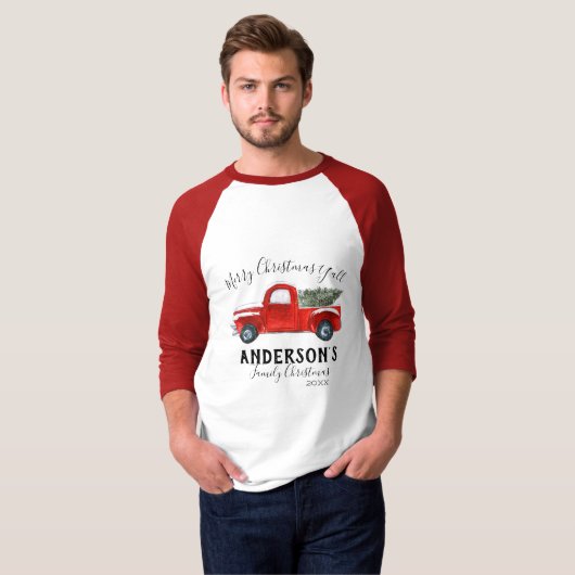 Familie Kerstmis T Shirt -  Red Truck (Voorkant volledig)