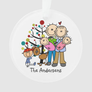 Familie Kerstmis Tweeling Meisjes, Jongen, Hond, M Ornament