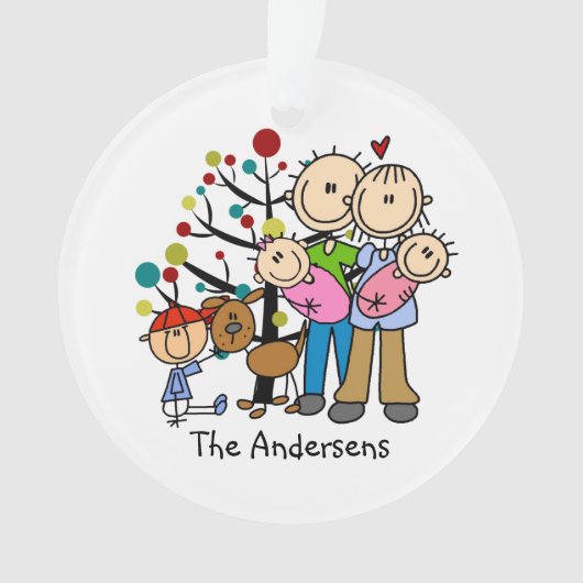 Familie Kerstmis Tweeling Meisjes, Jongen, Hond, M Ornament (voorkant)