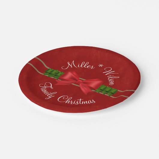 Familie kerstrood en groene bogen papieren bordje (Gekanteld)