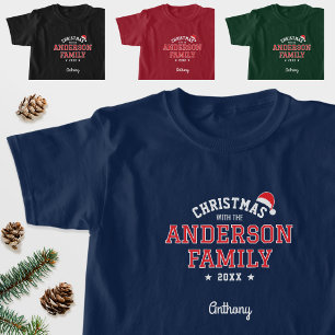Familie Kerstvakantie Custom Name Navy Red T-shirt