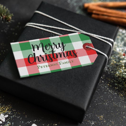 Familie kerstwit groen en rode buffels spelden cadeaulabel