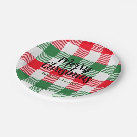 Familie kerstwit groen en rode buffels spelden papieren bordje (Gekanteld)