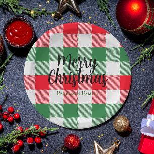 Familie kerstwit groen en rode buffels spelden papieren bordje